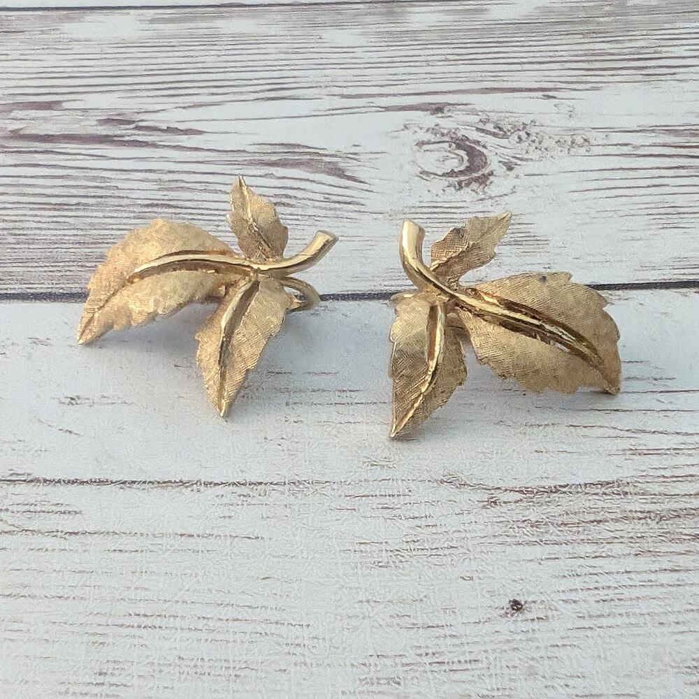 Vintage Clip On Earrings Gold Tone Leaves Trio